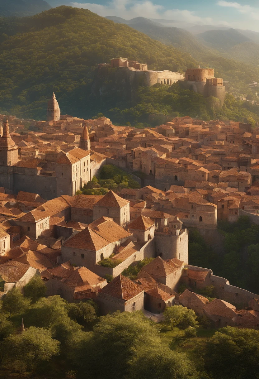 faraway view of a fantasy city, sunny day, walled city, lively city, masterpiece, vibrant, 4k, 8k, ultrares, absurdres, view from atop a hill