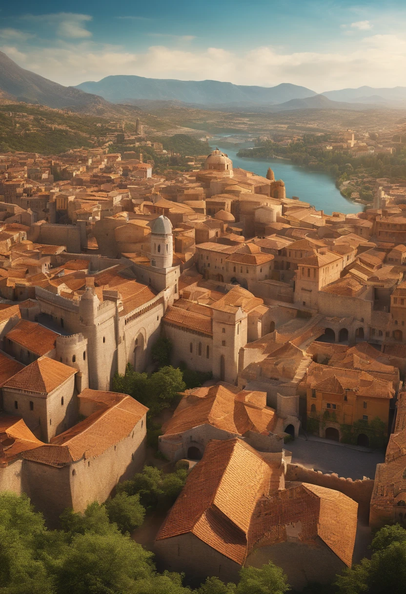 faraway view of a fantasy city, sunny day, walled city, lively city, masterpiece, vibrant, 4k, 8k, ultrares, absurdres, view from atop a hill