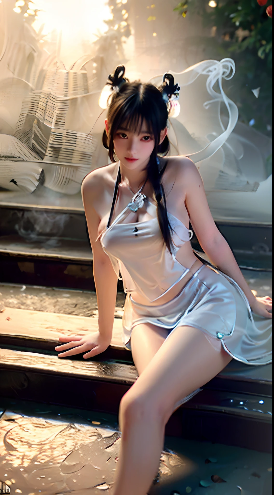(Best quality,4K,8K,A high resolution,Masterpiece:1.2),Ultra-detailed,(Realistic,Photorealistic,photo-realistic:1.37),Gorgeous,Beautiful,Blonde curly hair,The goddess sits cross-legged on the steps in a white dress,Sexy girl, Sakimi Chen's illustration style, Japanese goddess, Yoshihide Suga, Amazing goddess, Ethereal body, mesmerizing eyes, Beautiful white costume, Bright sunshine, gleaming silver, Yoshitomo Nara,Fuzzy dragon-shaped smoke