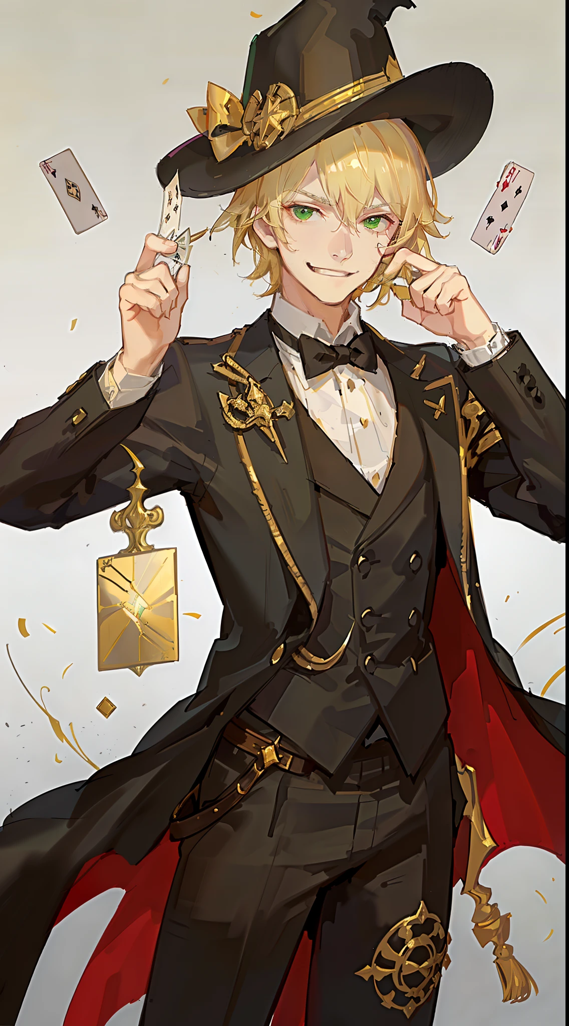 young boy, short curly blonde hair, Green eyes, smirk, evil, wizard hat, Magician's jacket, Magician Form, Gold Elements, cane, playing cards, a joker, Masterpiece, hiquality, 4k, HD, Good detail