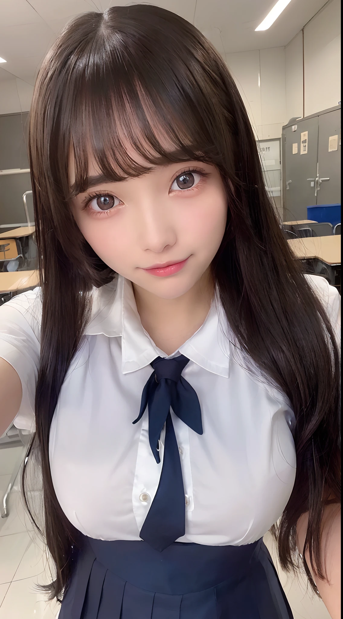 selfee, (from the front side),(Face:1.3),(Eye focus:1.4),(close up:1.3),(wide eyes:1.3),Attractive eyes,Eyelashes,Round eyes,jewelry eyes,Twinkle Eyes, long eyelashes, Eye Highlights,(Smile with open mouth),look at viewr,Light transparency, Diffraction of light, Best Quality, masutepiece, High quality, High resolution, Detailed, (1womanl), (high-school uniform:1.5), Beautiful face, Full face blush:1.3, Beautiful eyes, (Blue-black hair), ((Hair to the shoulders:1.2)) (18year old,) (ample breasts:1.2), (A smile:1.2),perfect fingers in perfect hands,((A smile:1.2))