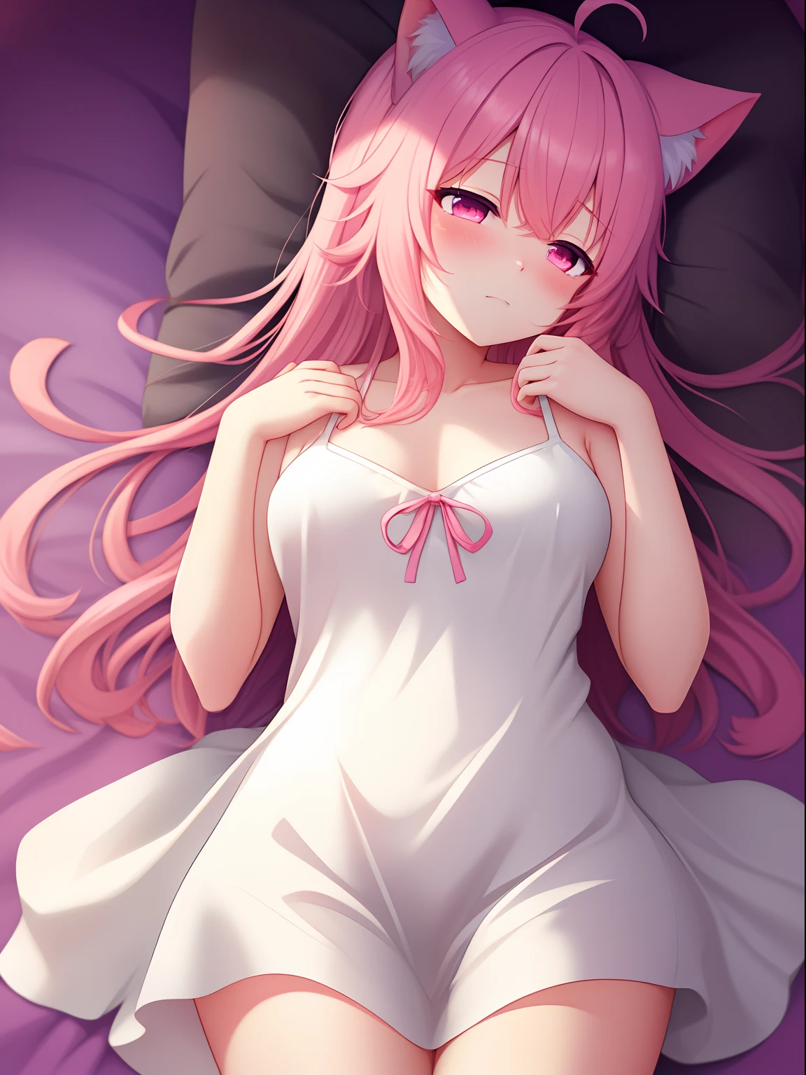 pink hair, Ahoge Heart, Shy, Blush, Eye Blush, Full blush, Cinematic lighting, drop shadow, Anime style, UHD, masterpiece, textured skin, anatomically correct, High Quality, high-detail，Anime Girl In Love，Very shy..................... Pink Cat Ear Girl,Pale pink eyes,medium-length hair ,thights,transparent dress,Sexy sleeping position, Lewd white pajama girl、, NSTDA.、Slim dress、Embarrassed、((Red 1.4))、El、