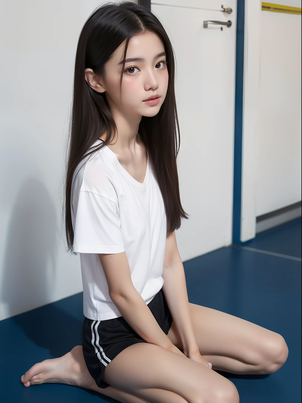 Sit up，年轻，white short pants，Long T-shirt，s girl，Delicate body，petite body，Delicate body，small tits，tiny chest，A dark-haired，Very Longhair，Sports hall