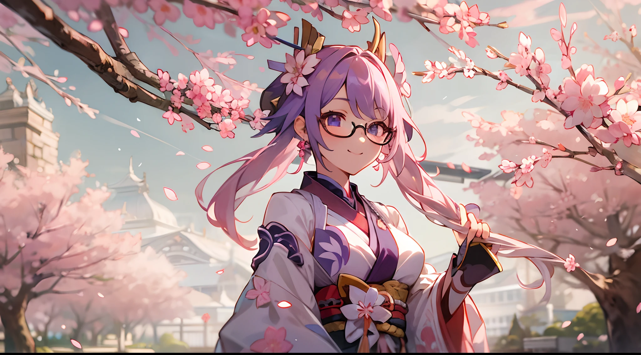 [Genshin Impact 4.0], [Raiden Shogun 4.0], Elegant and beautiful, cute smile, walking, sakura trees, cherry blossom, detailed scenery, perfect posture, glasses, brushing hairs behind ears, 1girl, full body detailed,
