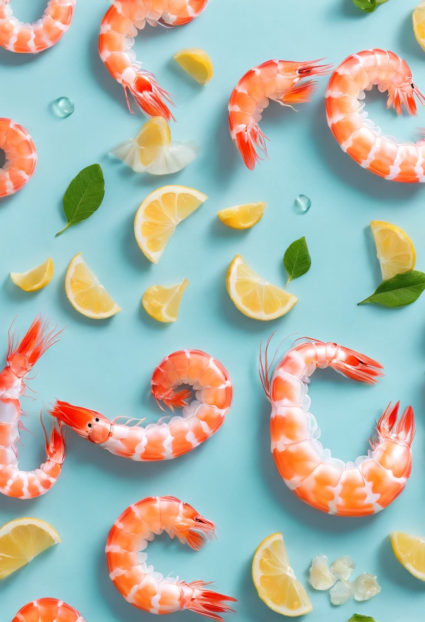 Cyan shrimp，Realiy，One plate，Top-down view，Vivid colors，white backgrounid，A lot of，filigree，4k，ultraclear，Realiy，oil painted