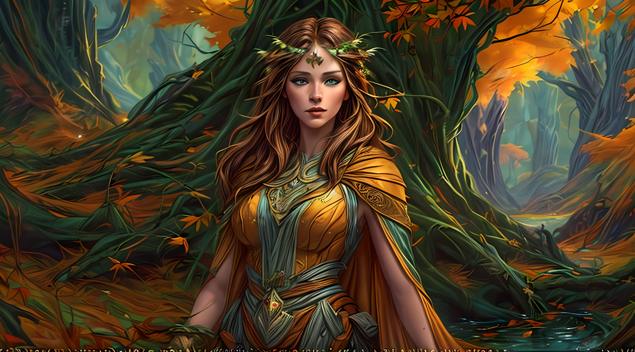 high details, best quality, 8k, [ultra detailed], masterpiece, best quality, (extremely detailed), dynamic angle, ultra wide shot, photorealistic, fantasy art, dnd art, rpg art, realistic art, an ultra wide picture of druid grove in a fantasy autumn forest and its druid warden observing all, a fantasy forest (intricate details, Masterpiece, best quality: 1.5), (at autumn: 1.5), in orange, red, yellow brown leaves, many trees, a stream of water (intricate details, Masterpiece, best quality: 1.5), waterfall (intricate details, Masterpiece, best quality: 1.5), human female druid, full body (intricate details, Masterpiece, best quality: 1.5), exquisite beautiful woman druid (intricate details, Masterpiece, best quality: 1.5), ultra detailed face (intricate details, Masterpiece, best quality: 1.6), black hair, long hair, wavy hair (intricate details, Masterpiece, best quality: 1.5),, dynamic eyes color, fair skin, wearing blue cloak (intricate details, Masterpiece, best quality: 1.5), green robe (intricate details, Masterpiece, best quality: 1.5), cinematic light, pastoral atmosphere, divine light, gods rays, fantasy_world