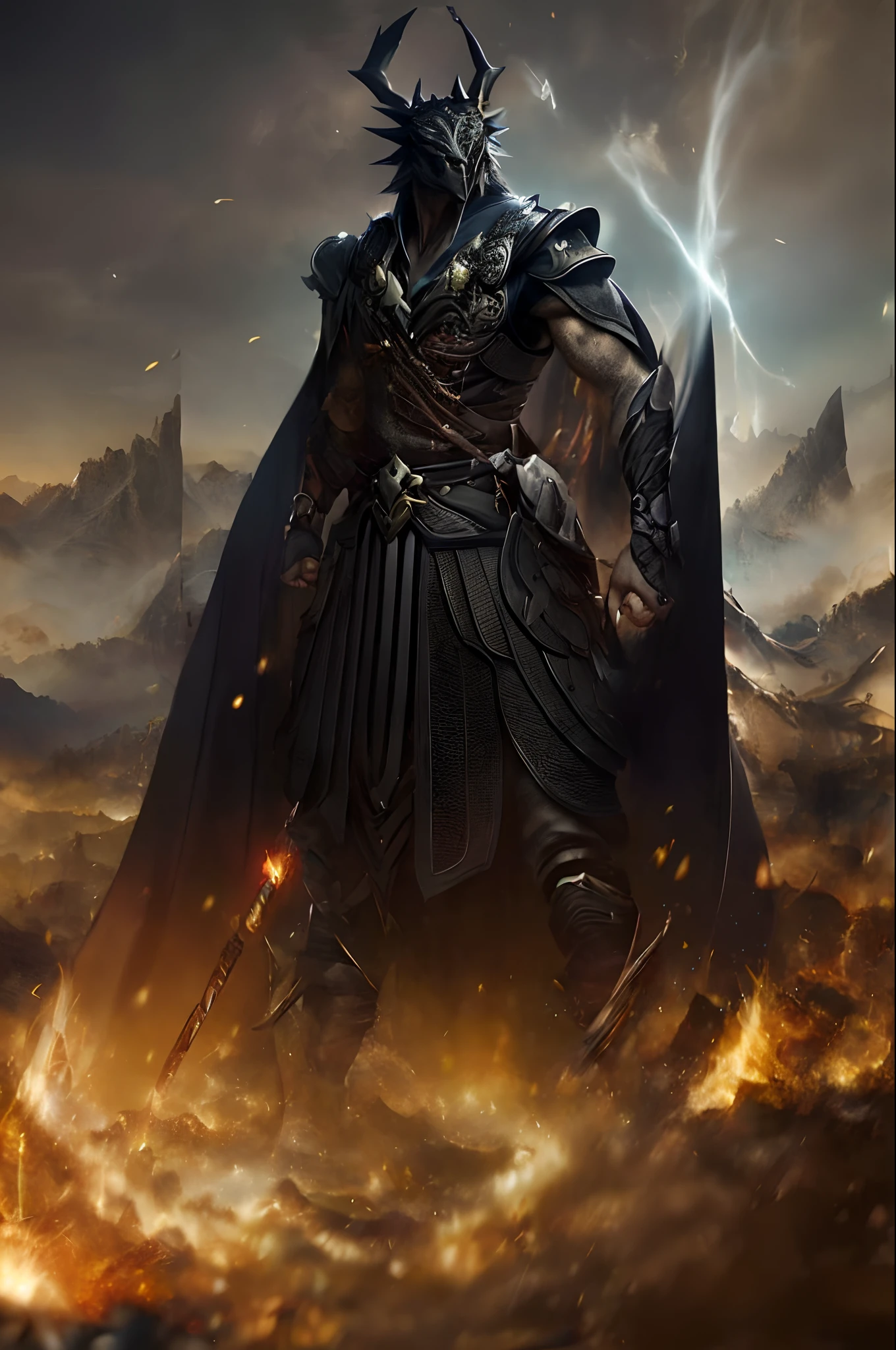 The Oriental Black Dragon Man wears a cloak