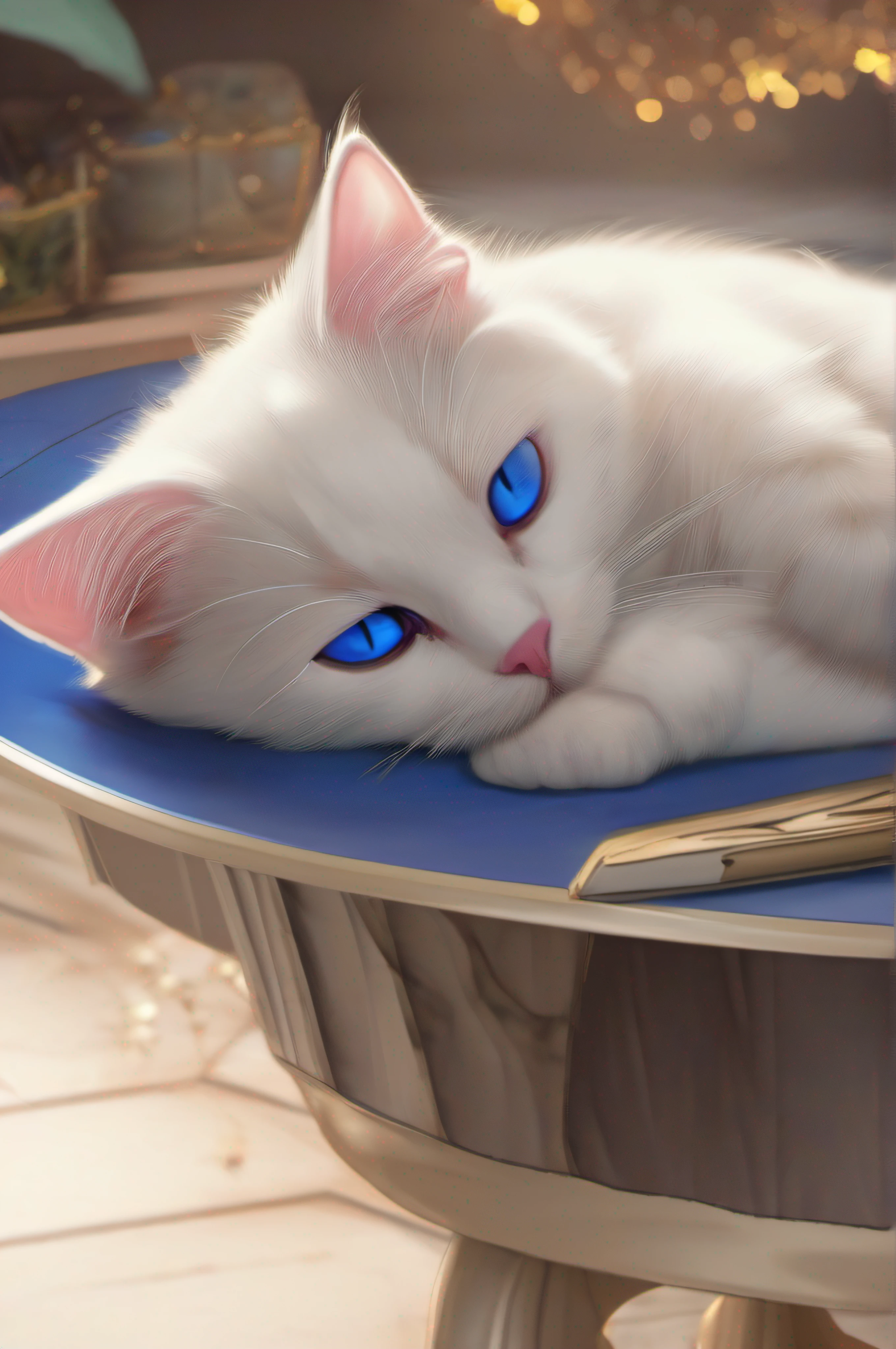 Blue-eyed cat sleeping on the table,there is a cat on it,Digital Painting,illustration of a cat on it,Anime Cats,white fur and blue eyes,anime visual of a cute cat,Digital Illustration Style,No line,a cute little cat,White cat,realistic anime cat,anthropomorphic female cat,(Cat,sepia,Systemic –V,4-S750)