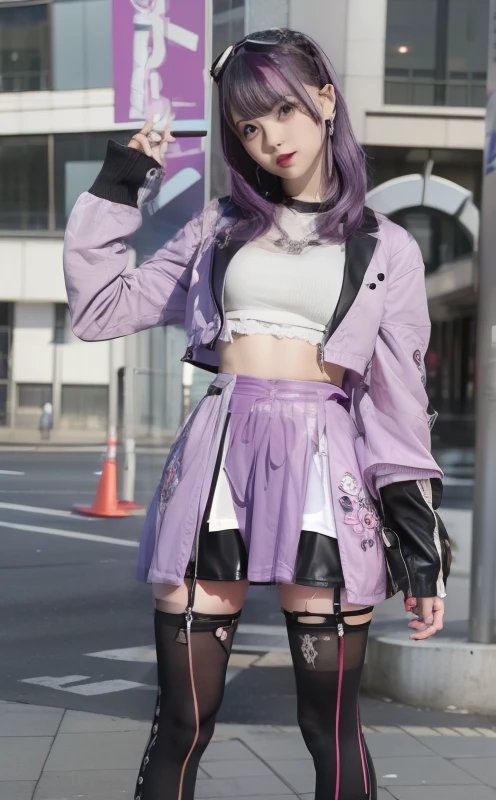 Idols of punk fashion、large full breasts、beautiful foot、Purple hair、a miniskirt、Good Style、、、、Pink tops、Stockings、teasing face、