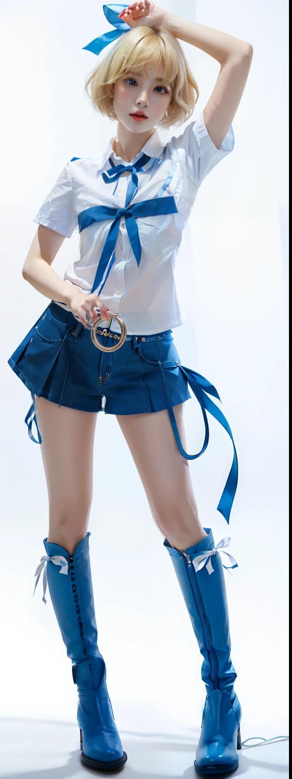 A girl, blond short hair with blue ribbon, white blue short sleeves shirt, blue short skirt, whip, long boots, glowing skin, perfect finger holding key