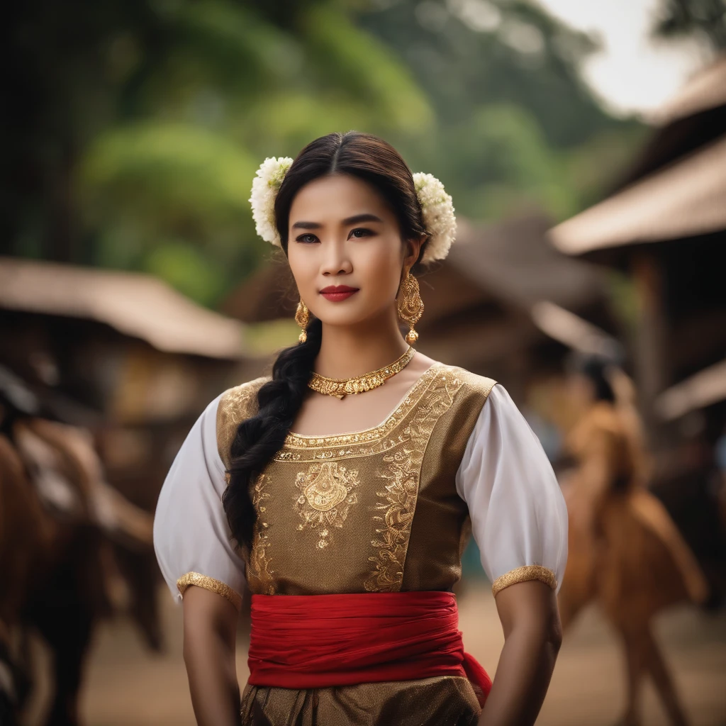 ((best quality)), ((masterpiece)), (detailed), perfect face, prefect clean skin, young Floresian girl wear Sleeveless strapless Floresian traditional songke dress, Lawo Lambu, in front of Mbaru Niang, typical beauty of the Ende tribe, she dancing freely