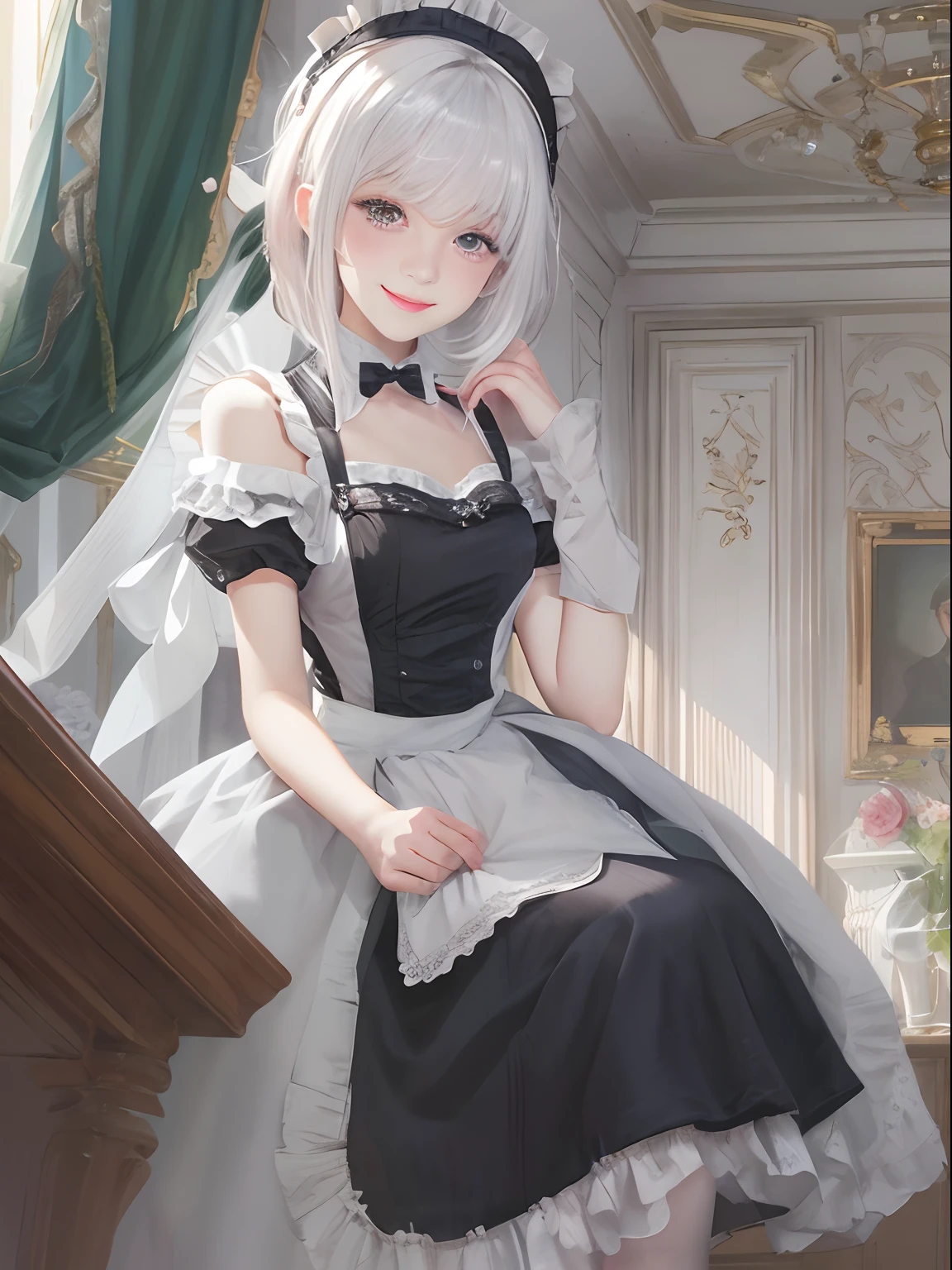 (Masterpiece, Best quality, absurderes), 1girll, White hair, short-length straighthair, Blunt bangs, Flat chest, Narrow waist, With gray eyes, petals, Pale skin, mansion, Indoors, maid, maid headdress, maid apronl, Cowboy shot, Blush, Light smile, Head tilt, blackstockings