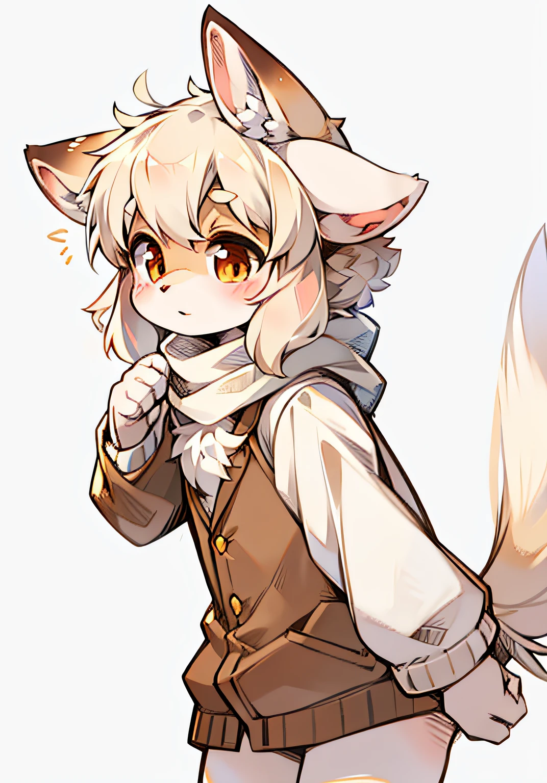 Lop-eared white fox，Brown antlers，Brown pupils，Short wavy curls，shaggy，White scarf，furry，chiquita，White pattern
