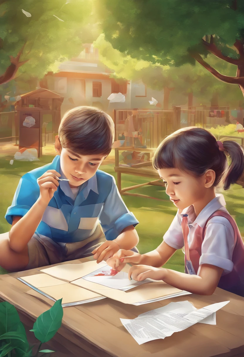 realistic looking children making origami in schoolyard