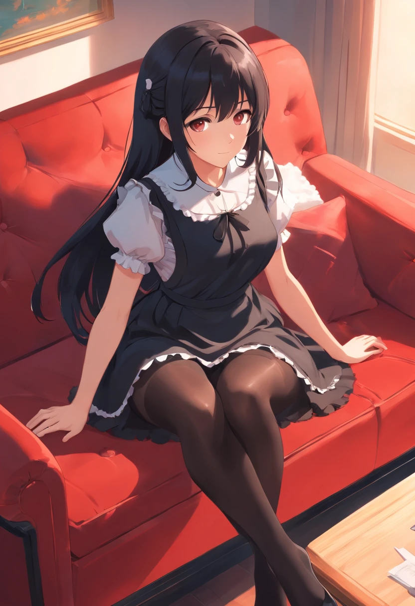 1girl, long black hair, brown eyes, maid outfit, wearing black pantyhose, black heels, laying across red couch in room, daytime, absurdres, high res, ultra sharp, 8K, masterpiece, looking at viewer