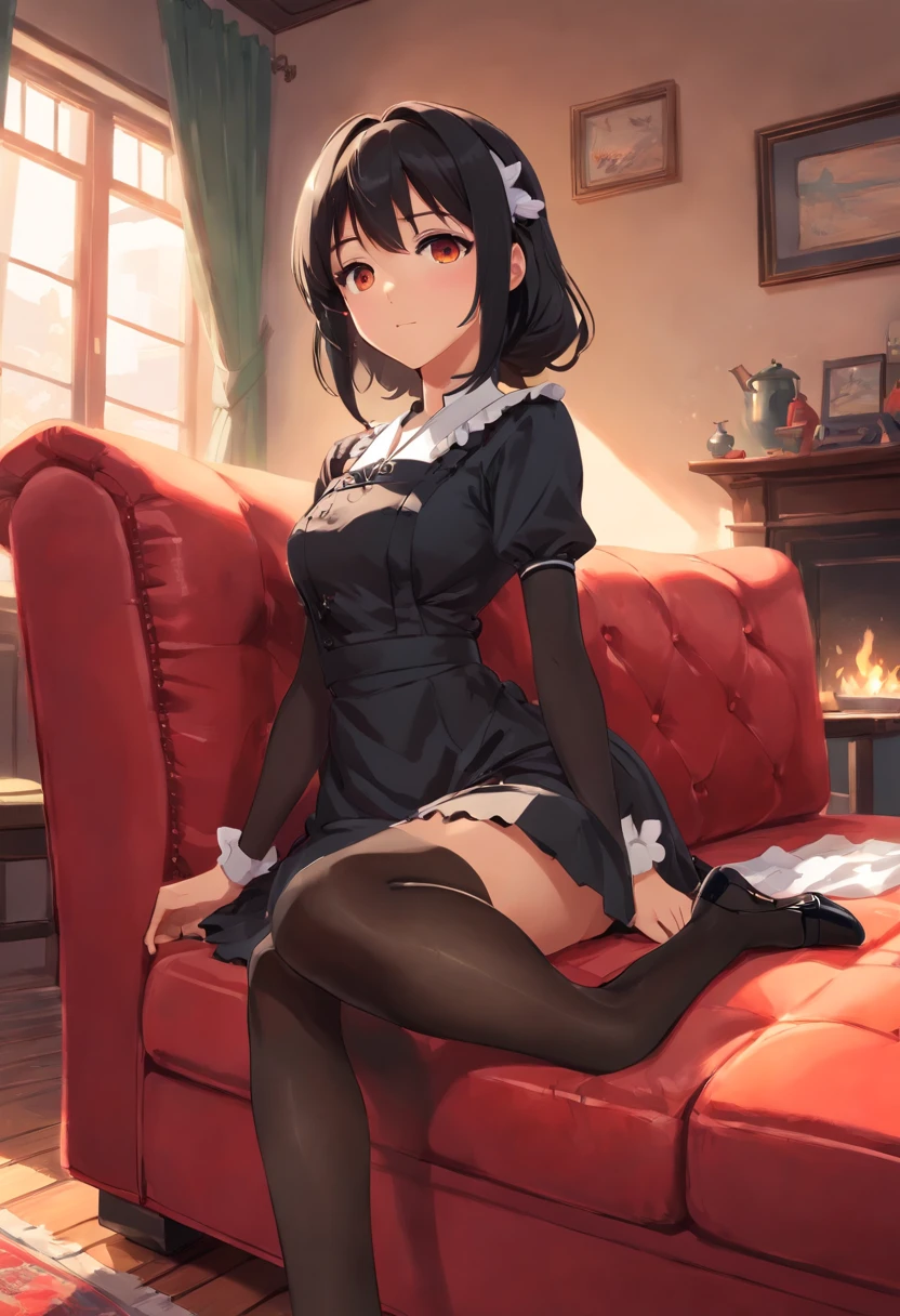 1girl, long black hair, brown eyes, maid outfit, wearing black pantyhose, black heels, laying across red couch in room, daytime, absurdres, high res, ultra sharp, 8K, masterpiece, looking at viewer