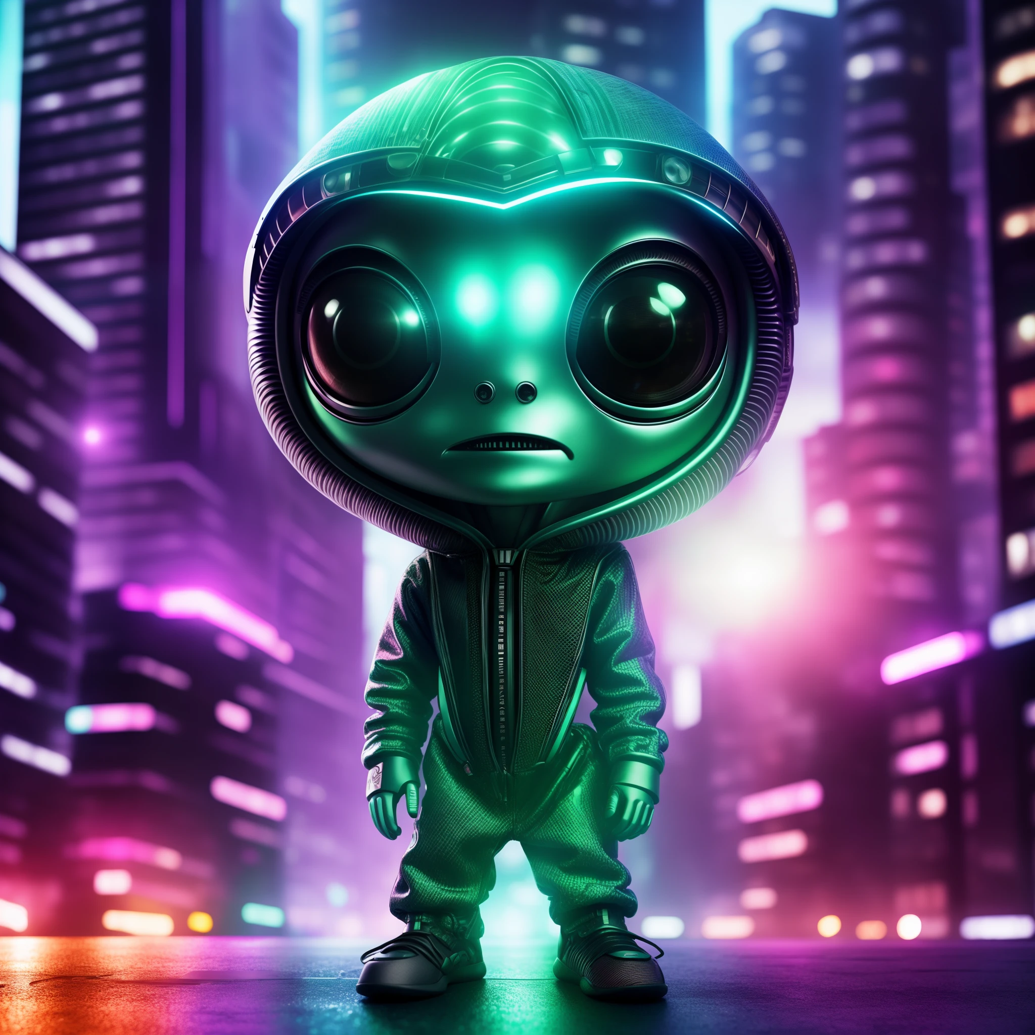 Alien wearing hip-hop clothes in futuristic city, Large eyes and oval head, pele escamosa texturizada, estilo chibi, arte de Nashi e Daniel Capua, master part, HDR, UHD, 64 mil, altamente detalhado, trending on ArtStation, Motor irreal, vivid colors, High Resolution Scanning, shades