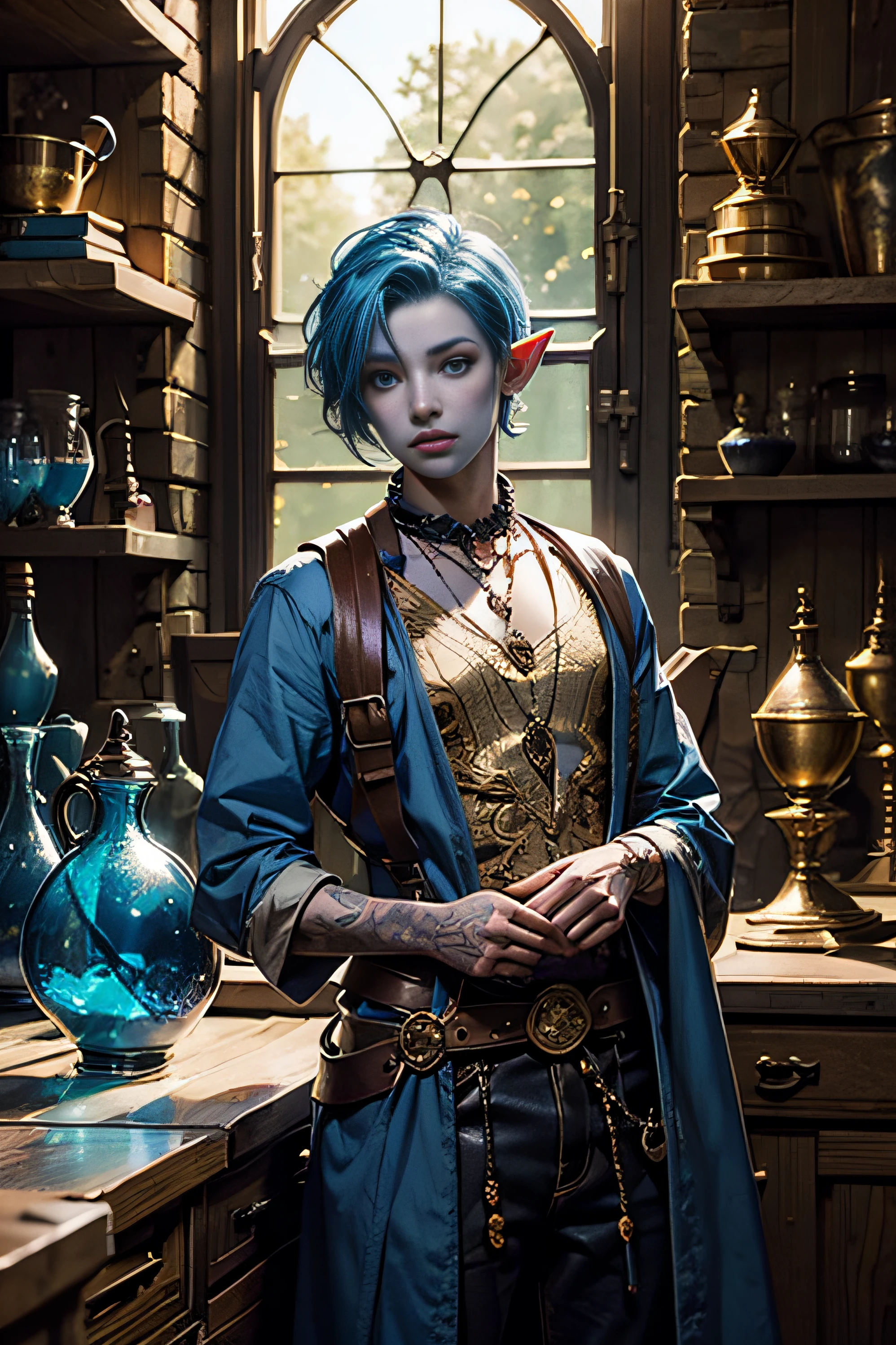 dnd character portrait of a moon elf, androgynous, nonbinary, genderqueer, genderfluid, blue hair, blue skin, blue eyes, casual clothes, glassblower's workshop background