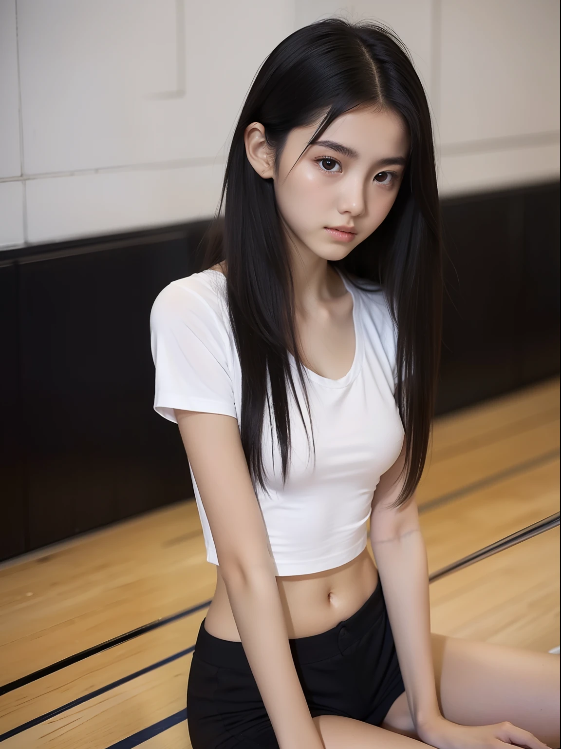 Sit up，年轻，Black shorts，Long white T-shirt，teens girl，Delicate body，petite body，Delicate body，small tits，tiny chest，A dark-haired，Very Longhair，Sports hall