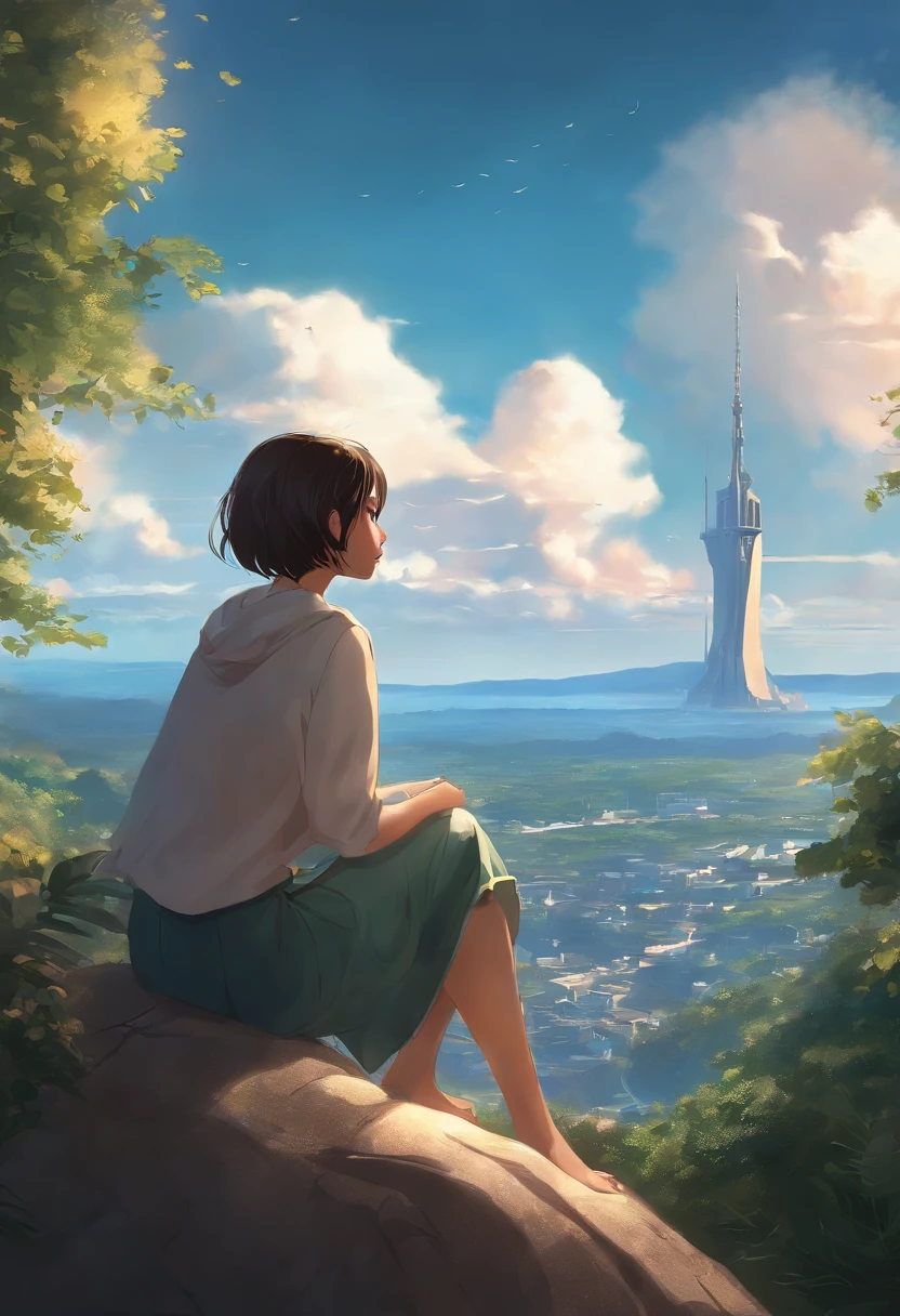 Anime girl sitting on a rock and looking at the sky,A sky-piercing tower far, far away, makoto shinkai cyril rolando, Anime Art Wallpapers 4K, Anime Art Wallpapers 4K, Cyril Rolando and Goro Fujita, Anime Art Wallpapers 8K, 4k anime wallpaper, anime wallpaper 4k, anime wallpaper 4k, ( ( makoto sinkai ) ), makoto sinkai!