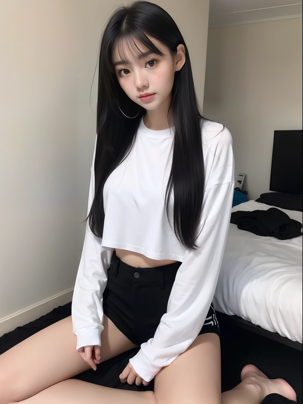 Sit up，年轻，Black shorts，Long white T-shirt，teens girl，Delicate body，petite body，Delicate body，small tits，tiny chest，A dark-haired，Very Longhair，Sports hall