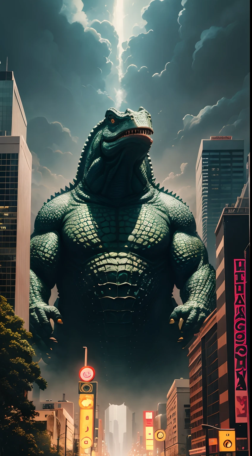 Giant crocodile invading metropolis abstract painting noise poster high quality on, Best quality, Masterpiece, absurderes,