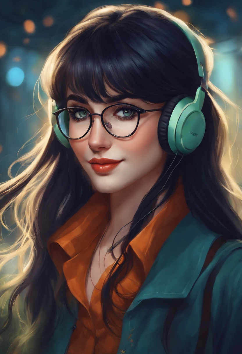 Girl with dark blue long hair straight bangs dark green eyes , white  shirt , earphones , with a cute grin in glasses