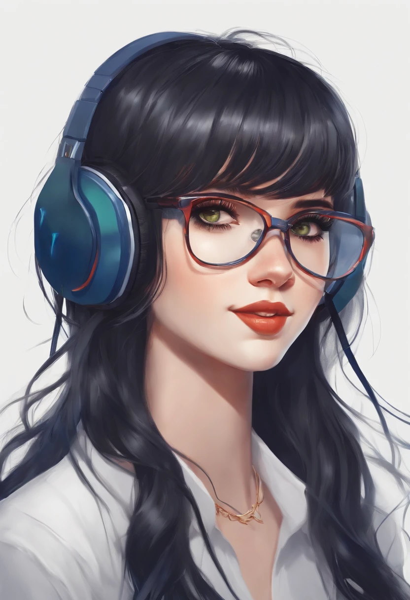 Girl with dark blue long hair straight bangs dark green eyes , white shirt , earphones , with a cute grin in glasses