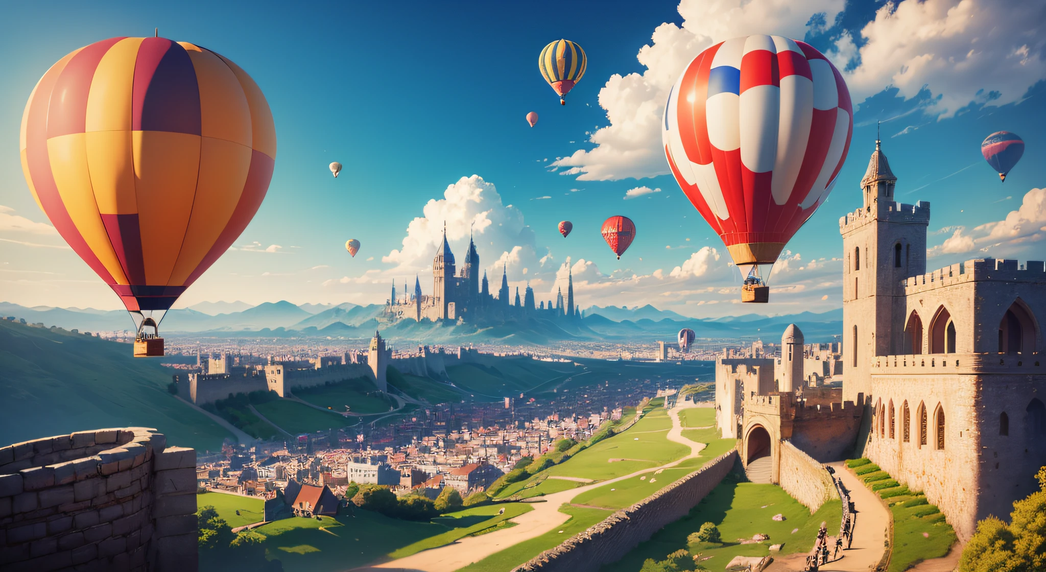 faraway view of a fantasy city, sunny day, walled city, lively city, masterpiece, vibrant, 4k, 8k, ultrares, absurdres, view from atop a hill, hot air balloons floating in the background