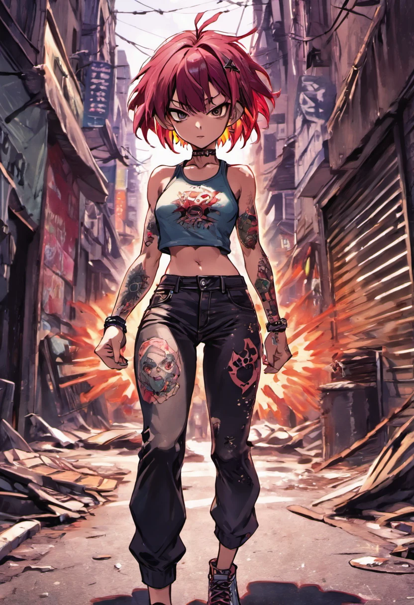 Anime illustration of a young supermodel with a toned physique, In a spicy punk crop top, Low Rise Pants, Messy Short Hair, Demonstration of various intricate tattoos, confidently standing in the middle of an abandoned street in Chiba. . Anime style, Key Visual, Vibrants, Studio anime, Highly detailed