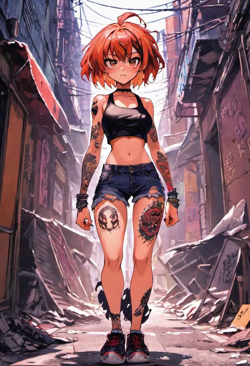 Anime illustration of a young supermodel with a toned physique, In a spicy punk crop top, Low Rise Pants, Messy Short Hair, Demonstration of various intricate tattoos, confidently standing in the middle of an abandoned street in Chiba. . Anime style, Key Visual, Vibrants, Studio anime, Highly detailed