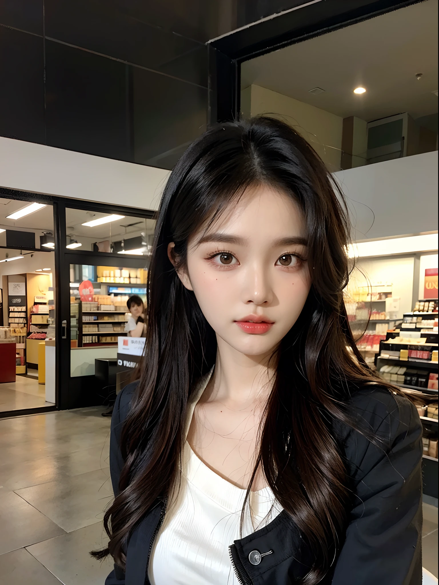 masterpiece、top-quality)、1 beutiful girl、Slim body、((Black and white plain clothes:1.1))、(Detailed beautiful eyes)、Walk around the store、((Boyish Brown Medium Hair))、((Smaller face))、((Neutral face))、((Face seen from the side))、((Light brown eyes))、((Korean Girl))、((18year old))、((cool lady))、((Wild look))、((Korean Makeup))、((elongated and sharp eyes))、((Happy dating))、((looking distantly))、((boyish))、((Shot from the same height as your face))、((Viewers are tall))、((She walking in front of her))