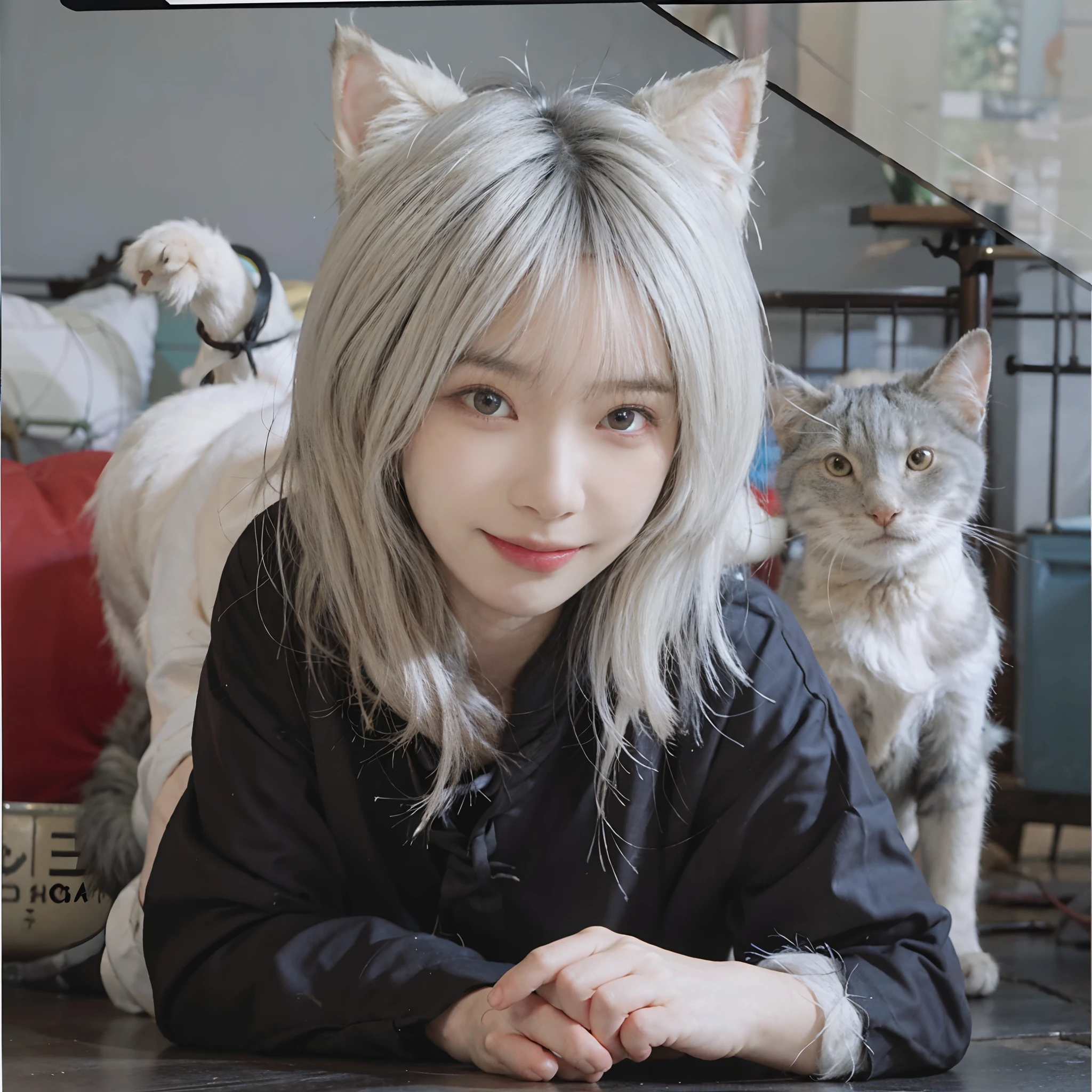 8K,NSFW、Being on all fours、(whitish hair) 、undersized head、White hair、Best Quality, masutepiece, Ultra High Resolution, (Realism: 1.4), Original photo, Colors inspired by red、(True skin texture: 1.3), (Film grain: 1.3), Beautiful eyes and face details, masutepiece, Best Quality, close up, Full body, Look at the viewer,A smile、Blue Ribbon、Bob cut with gray hair、18year old、White cat ears