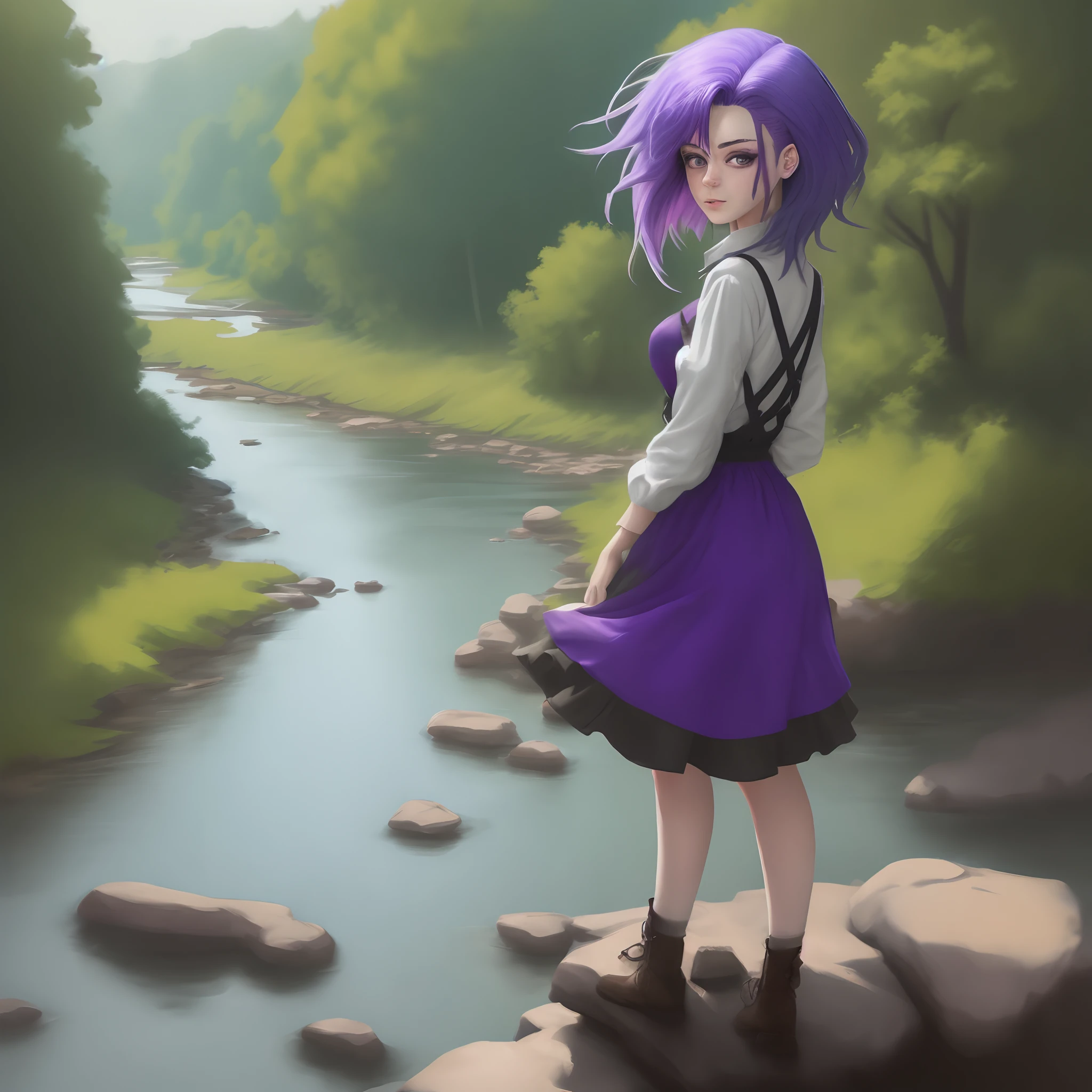 realostic girl bacside with half purple hair looking at the river
