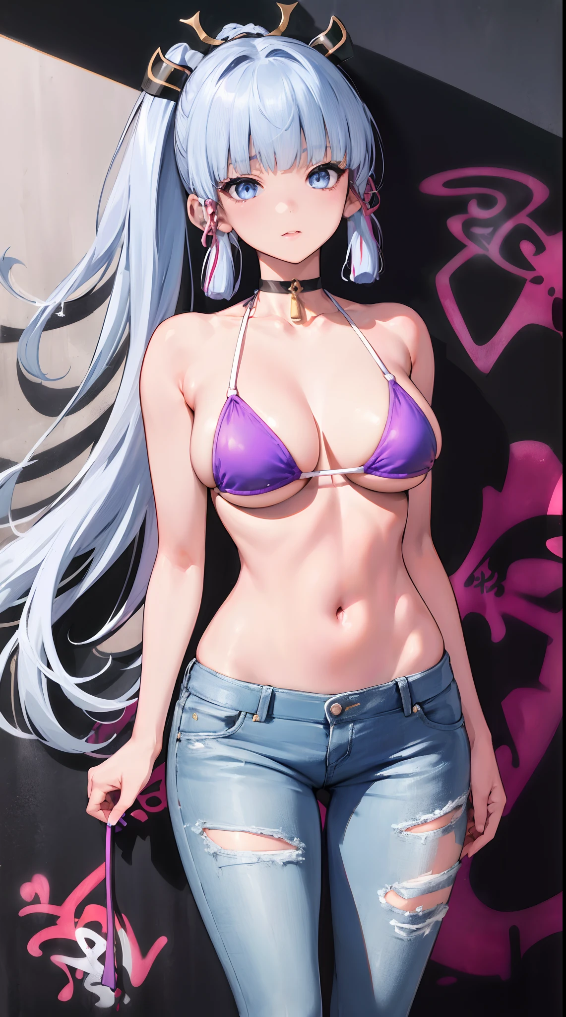 kamisato ayaka|genshin impact, master-piece, bestquality, 1girls,25 years old, proportional body, elongated legs, Beautiful, proportional., crop top, Long Jeans, mediuml breasts, ,bara, crop top, choker, (Graffiti:1.5), Splash with purple lightning pattern., arm behind back, against wall, View viewers from the front., Thigh strap, Head tilt, bored,(NSTDA.:1.2), (10, beste-Qualit, master-piece: 1.4), Beautiful red hair, ultra-high resolution, (lifelike, photorealistic portrait: 1.48), 20 age, Cute Girl, (See through the microcolor bikini beetle:1.48), Famous Japanese actors, beautiful clear eyes, Head tilt, cowboy shot, from the front, looking at the audience, expressionless, Beautiful lake, Zeiss 150mm F/ 2.8 Hasselblad,  Whole body, foot, Ultra-Wide Angle,