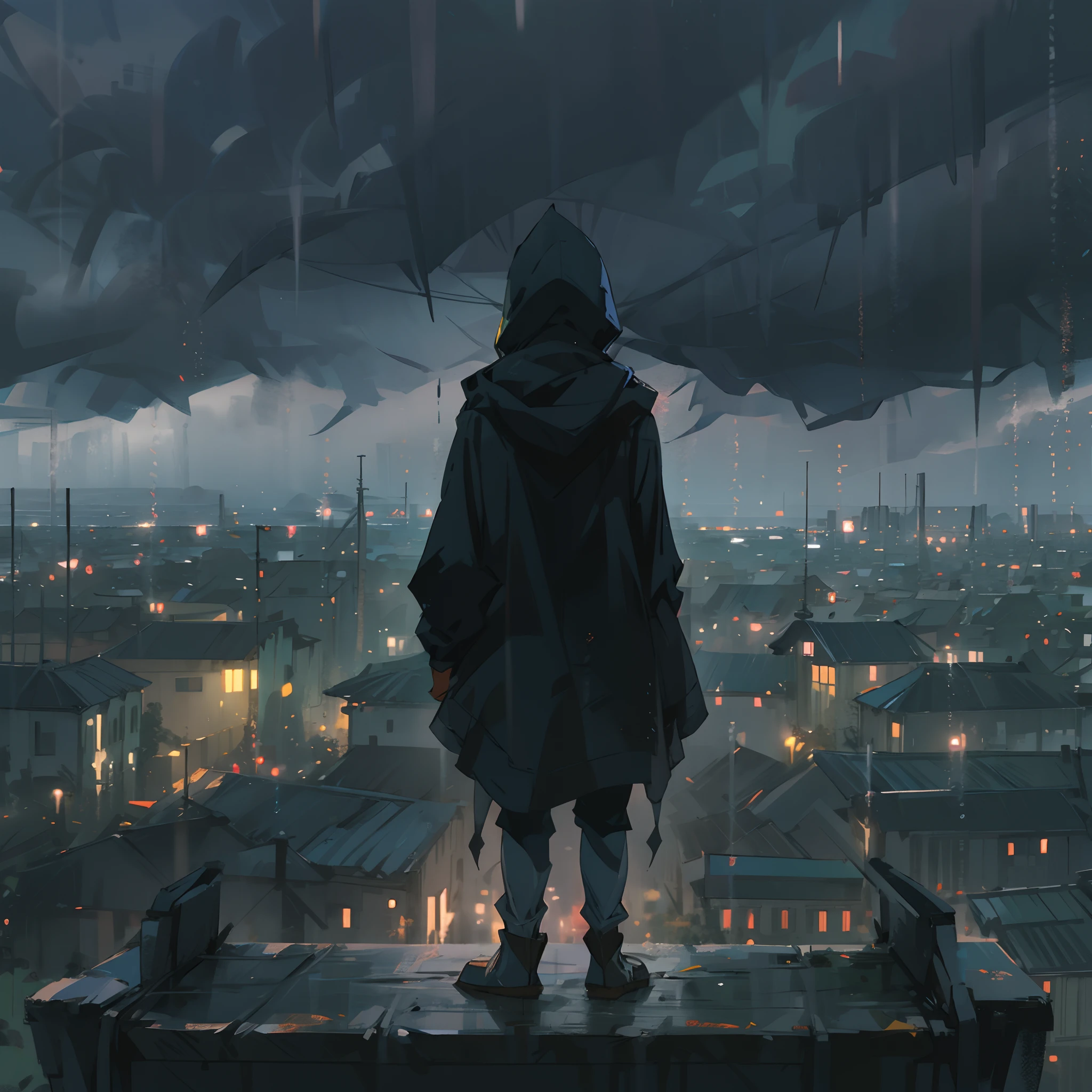 Anime artstyle, wearing a black hood, standing on top ofa roof,back facing the viewer, raining,cloudy,dark clouds, gritty,fog,misty village