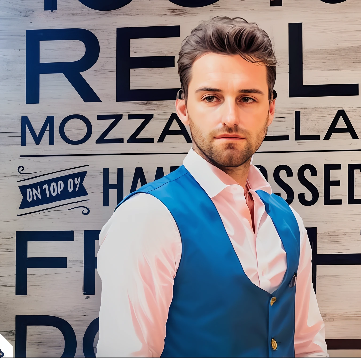 there is a man standing in front of a sign that says 100 % real mozzarella, inspired by Francesco Cozza, inspired by Luca Zontini, inspired by Luis Molinari, inspired by Masolino, raphael personnaz, inspired by Tommaso Redi, inspired by Agnolo Gaddi, inspired by Tommaso Dolabella