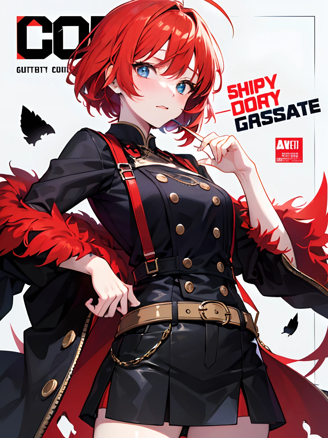 (masterpiece、top-quality、hight resolution)、 Kana Arima \(Oshinoko\), full of shyness、red hairs、Bob Hair、red blush、Wavy mouth、(((Dramatic)))、(((gritty)))、(((vehement))))The poster of the film appears as a central character。She is shy in the center of the poster、Wearing an idol costume、Has a determined look。The background is dark and rough、I feel like I'm drunk。Text is bold and eye-catching、Catchy slogans add to the overall drama and excitement。The color palette is dominated by dark colors.、Bright colors dotted、Make your poster dynamic and visually impactful、Tachi- e(magazine:1.3)、(cover-style:1.3)、Fashionable、with a vibrant、outfits、the pose、the front、colourfull、Dynamic、Background with、element、self-assured、Expressively、ngel、statement、attachment、An majestic、coiled、surroundings、Touch、The scene、Texto、covers、boldface、grab attention、Titles、lo fashion、Font、Catchy、Titles、Large、grab attention、moderno、 Trendy、concentrating、Stylish、1 girl in、a miniskirt