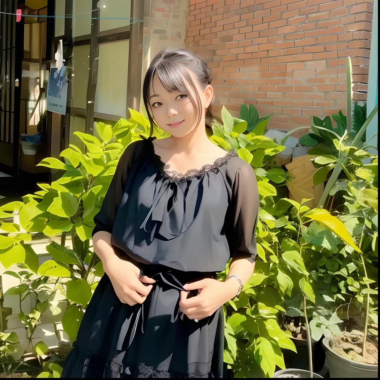 there is a woman standing in front of a bush with a black dress, chiho, with black, she is about 1 , with lovely look, young asian girl, with short hair, with ivy, in garden, taken in the early 2020s, casual pose, she is about 20 years old, she is about 2 0 years old