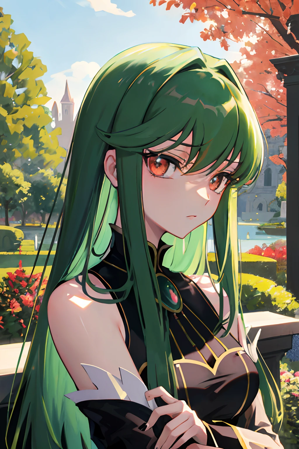 masterpiece, best quality, Cute, expressionless, cool,insanely detailed eyes, ultra-detailed, finely detail, long hair, looking at viewer, public garden, beautiful background, ultra-detailed, highres,beautiful detailed eyes code geass,, c.c., green hair, red eyes, medium breasts, code geass, 1girl, teenage, black gothic dress, upper body, high quality, cinematic view, depth of field, blurry background, sitting, ((((upper body)))),
