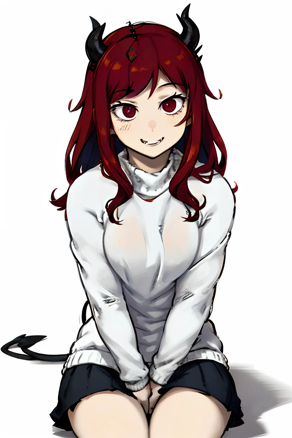 Red hair
Fangs
Sits
White sweater
Demon girl with small horns
A slight smile
The eye is black
Background space