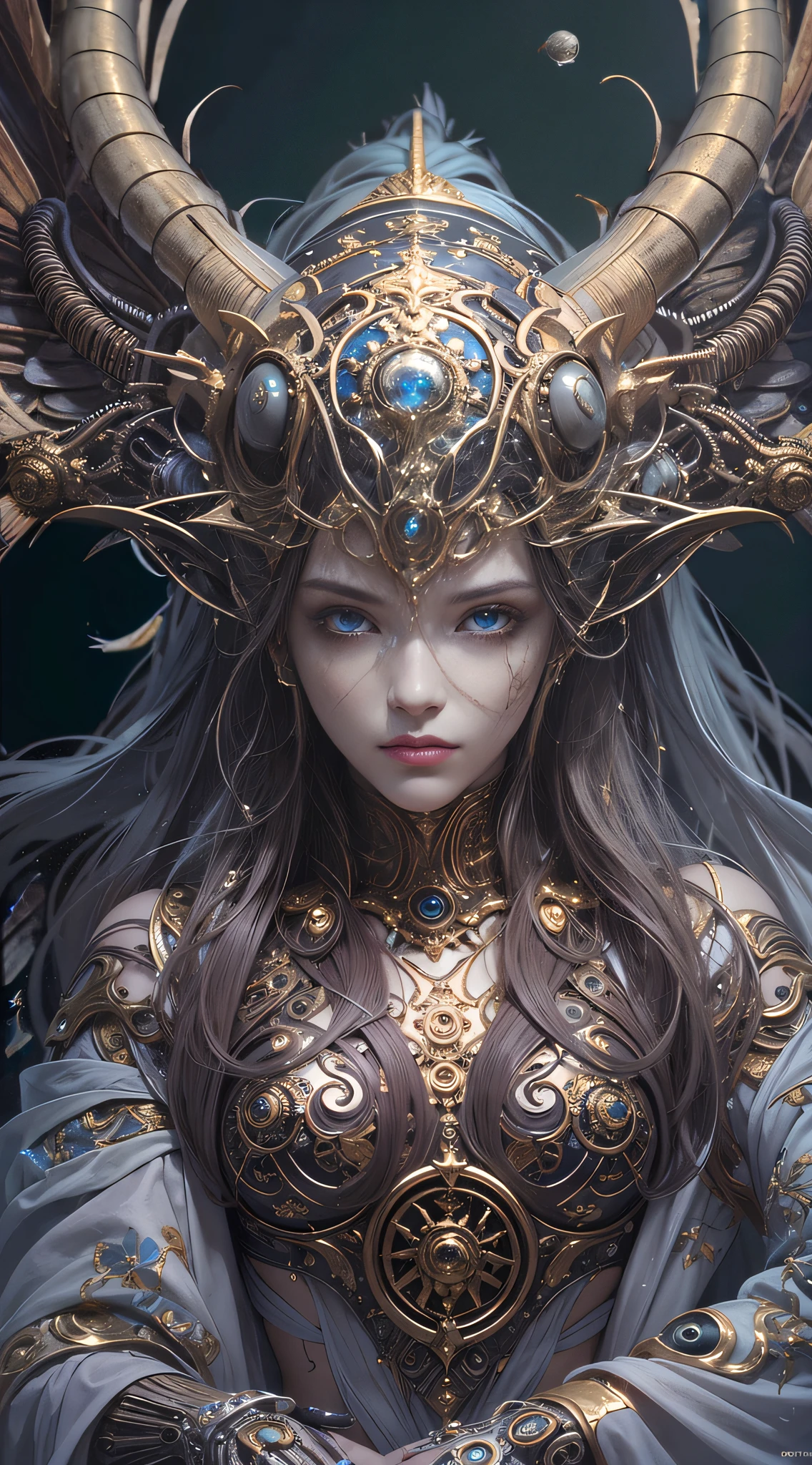 Miss: Body of cartilage and bones. Wings of Oak branches. Big green leaves, organic wings.(blindfolded), cut out neckline, cut out clothes, green background, hair between eyes, hair band, high resolution, juliet style sleeves, long sleeves, nier (series), nier automata, puff sleeves, red lips, shadow face, short hair, single, high collar, upper body, white hair, flower sky.
