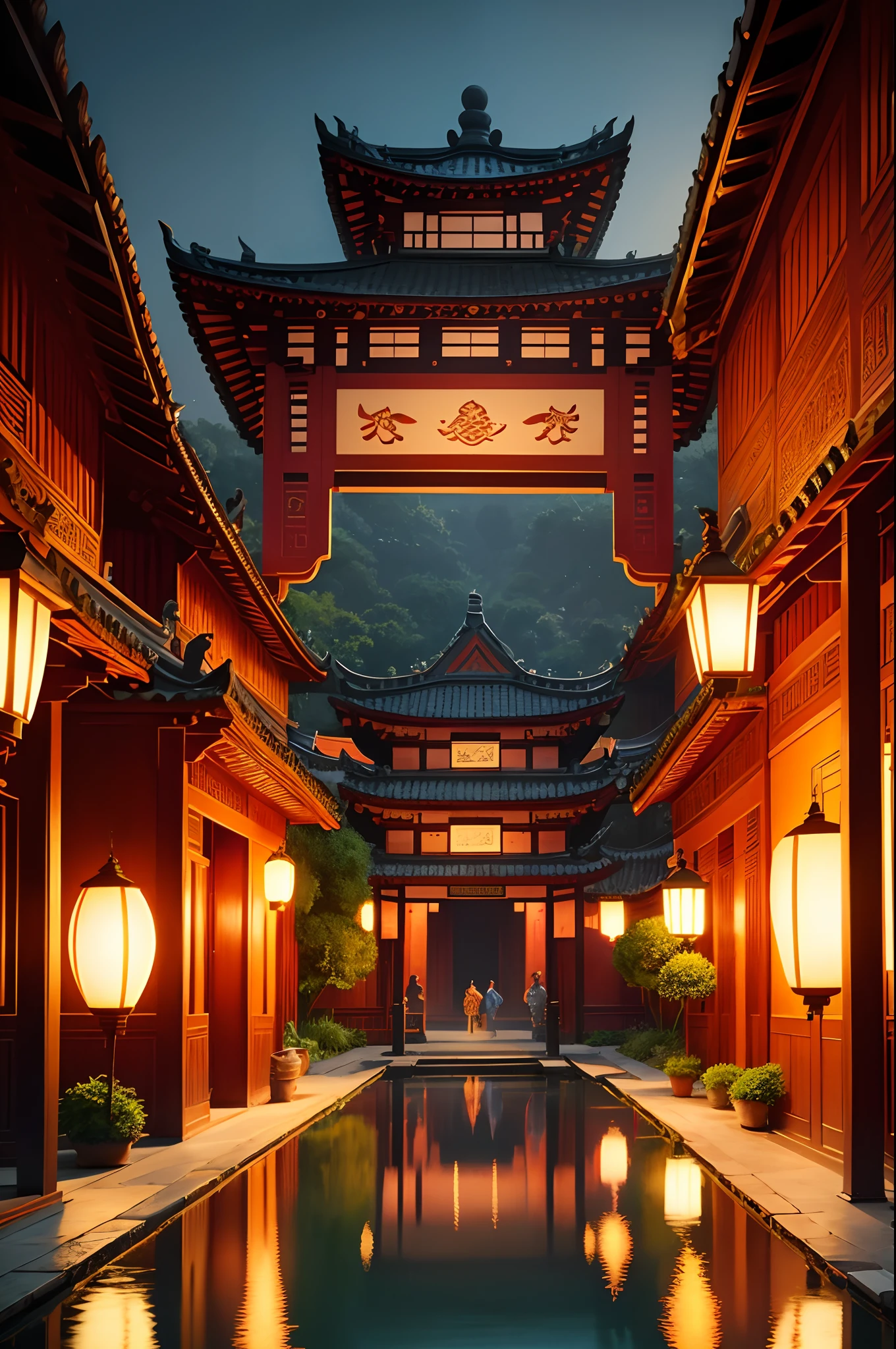 traditional garden,ornate roof tiles,lively street scene,vibrant colors,beautifully decorated gate,lotus pond,serene atmosphere,traditional lanterns,people wearing traditional costumes,exquisite hand-carved details,soft natural lighting,artistic brushstrokes,delicate architectural elements,ancient cultural heritage,symmetrical layout,elegant calligraphy.