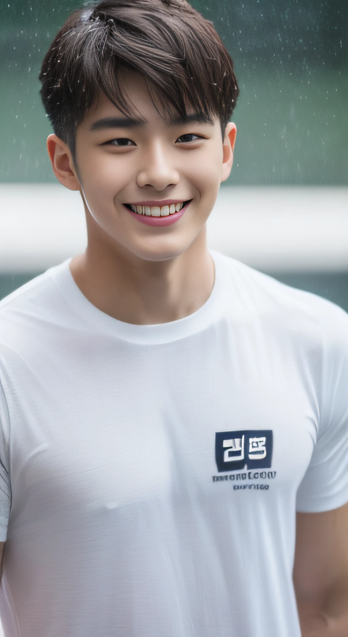 A handsome men ,20 age , Short Hair Hair, korea , Student，(((Wear a white T-shirt without stripes.........))),  front-view, smile ,Pectoral muscles, Wide shoulders ,athlete , Upper body (1.3),  It's raining: 1.3, road: 1.2, body dripping wet: 1.1,