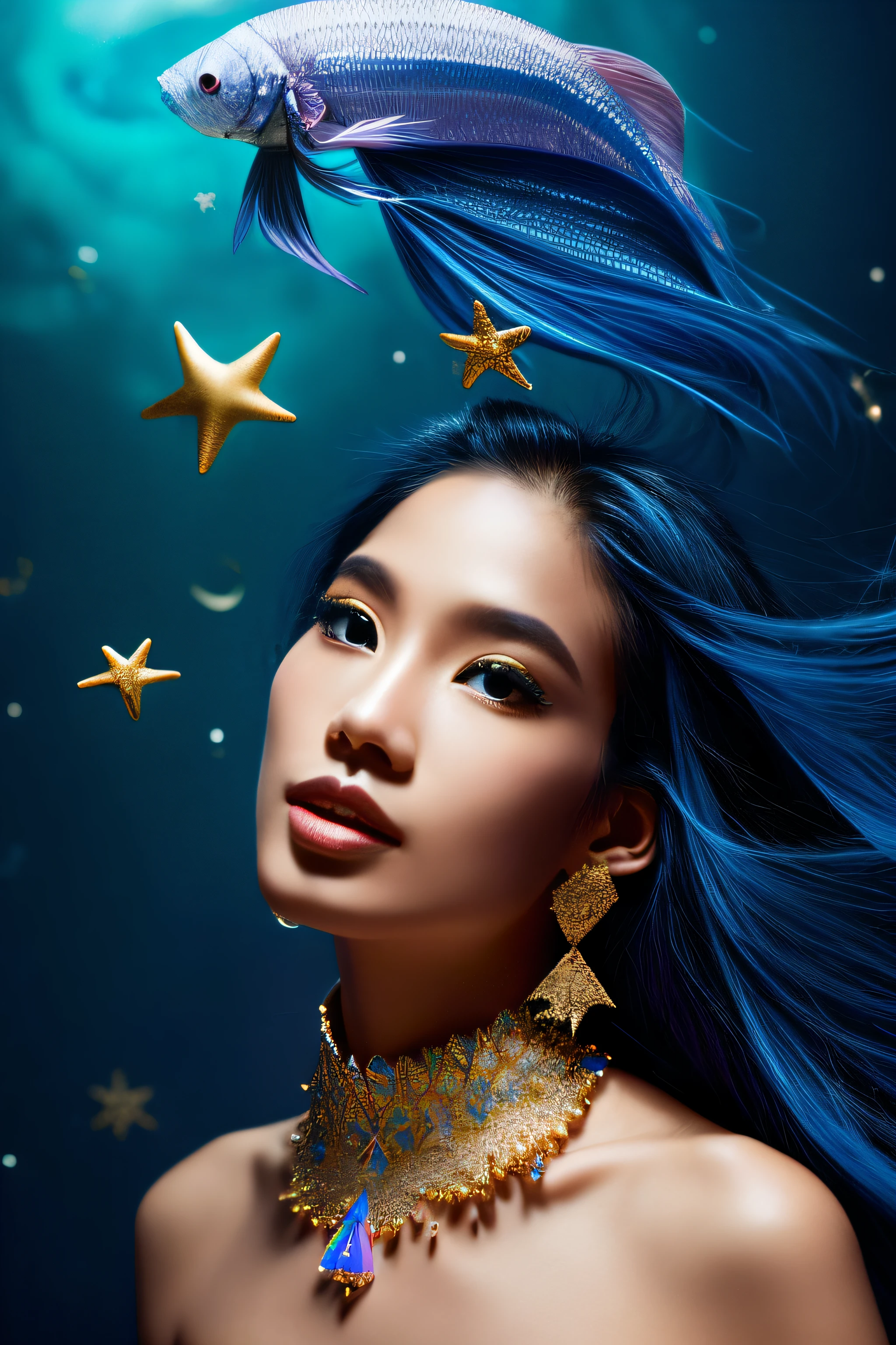 dream magical,High Jewelry,Opal,choker necklace,gold,sea of stars,blue colors,cindy xu,Award-Awarded,a betta fish,woman,Supermodel,