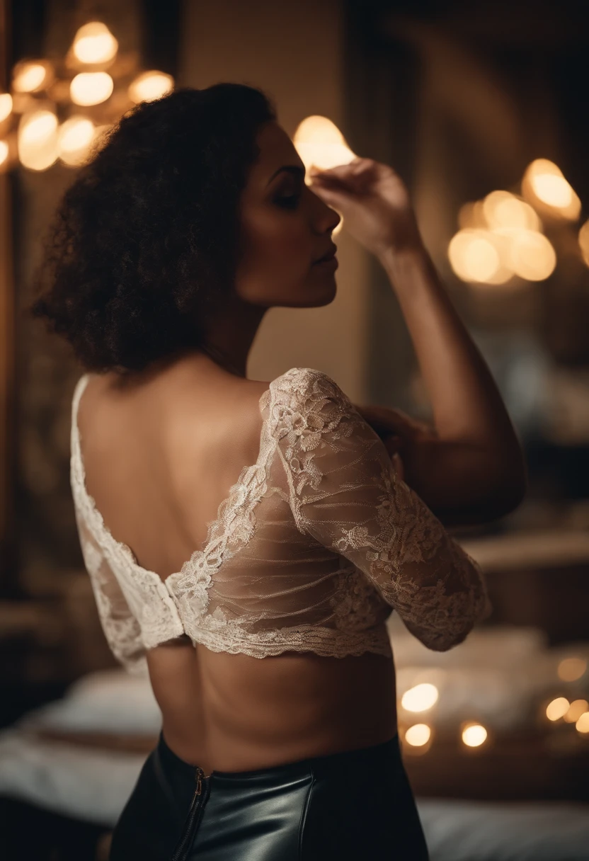 Woman in open blouse exposing bountiful breasts in lace bra,Mini Leather Skirt, profile photo,full bodyesbian