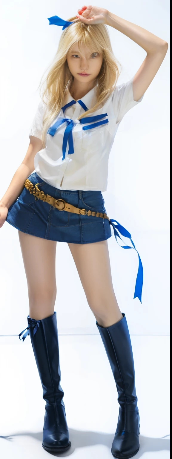 A girl, blond hair with blue ribbon, white blue short sleeves shirt, blue short skirt, whip, long boots, glowing skin, perfect finger holding key