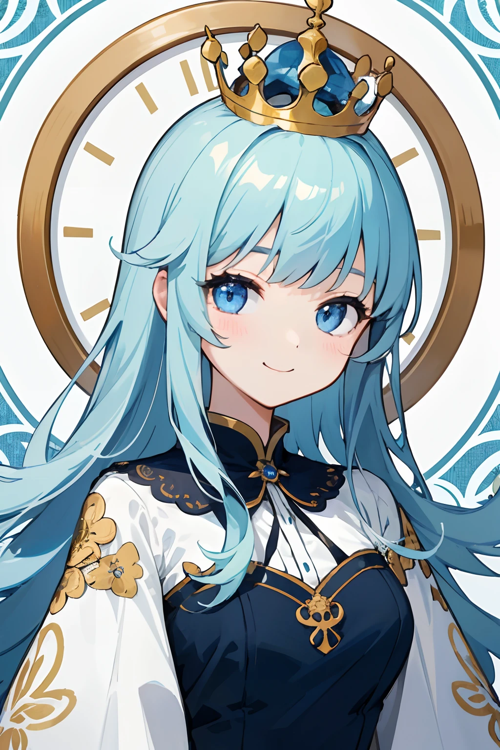 (Top quality illustrations:1.2)、(girl with:1.0)、(独奏:1.0)、(New design clothes:1.0)、(Long bangs:0.3)(One piece embroidered with a clock pattern:1.0)、(The upper part of the body:1.0)、(ultra-detailliert) 、hight resolution、4K:1.0)、Embroidered watches on clothes、light blue  eyes、(Golden Watch Embroidery 1.0)、Blue Dress、Dark blue dress、Large hair ornament crown、tiara crown、Queen's crown、(Glitz:1.0)、Princess of the Land of Ice、Ice around、A slight smil、​masterpiece、Top image quality、top-quality、Details of face、A detailed eye