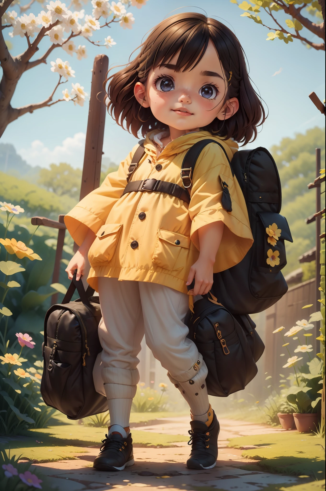 A very attractive girl with a backpack and a cute dog、Enjoying a cute spring excursion surrounded by beautiful yellow flowers and nature. Illustrations are high-definition illustrations in 4K resolution、Features highly detailed facial features and cartoon-style visuals