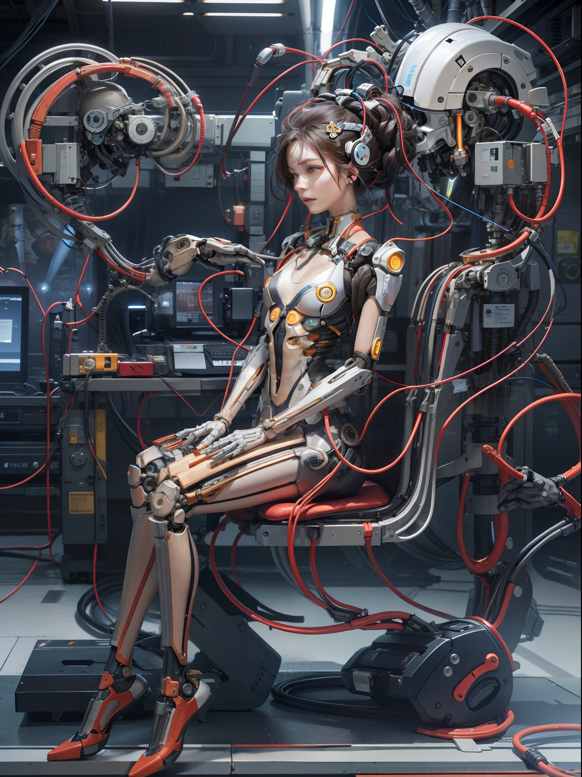 (absurdres, highres, ultra detailed), 1woman, solo, mature, (from side),cinematic light,(machine made joints:1.2),((machanical limbs)),(vessels connected to tubes),(mechanical vertebra attaching to back),((mechanical cervial attaching to neck)),(sitting),expressionless,(wires and cables attaching to neck:1.2),(wires and cables on head:1.2)(character focus),science fiction